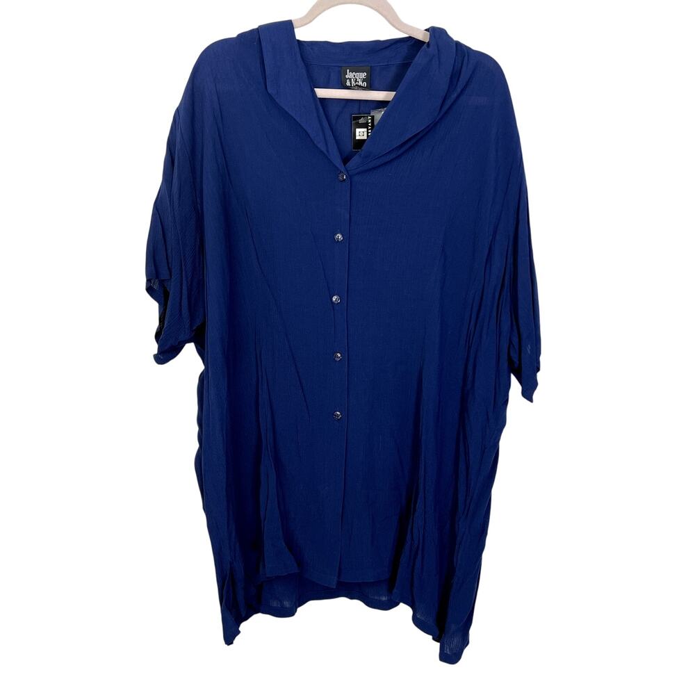 NWT Jacque & Koko Navy Blue Short Sleeve Button Up Textured Blouse Size 22/24
